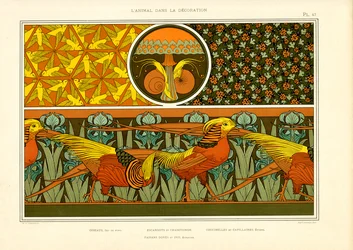 Decoratieve sierpatronen met fazanten, vogels en lieveheersbeestjes (litho)