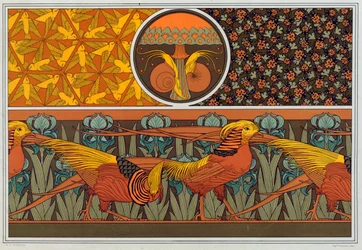Ontwerpen voor behangrand en stof: Vogels, lieveheersbeestjes en meisjeshaarvaren, uitgegeven 1897