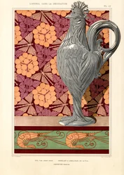 Vaas in de vorm van een haan met schermbloemen en garnalenpatroon (litho)