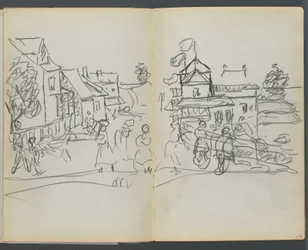 Schetsboek, De Dells, nr. 127, pagina 174  175: Dorp met huizen en weg