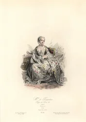 Jeanne-Antoinette Poisson, Madame de Pompadour (1721-1764) was hoofdminnares van Koning Lodewijk XV. Handgekleurde staalgravure door Polidor Pauquet naar Maurice Quentin de La Tour (1748-55) uit de Pauquet Brothers