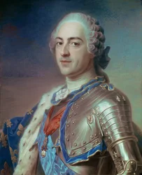 Portret van Lodewijk XV in harnas, met de linten van de Orde van de Heilige Geest en het Gulden Vlies