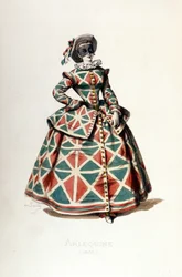 Harlekijn kostuum en masker in 1855, vrouwelijk personage van Harlekijn in de commedia dell