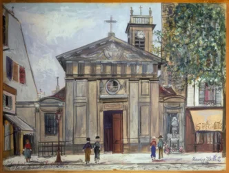 De kerk Saint-Denis de la Chapelle en het standbeeld van Jeanne d