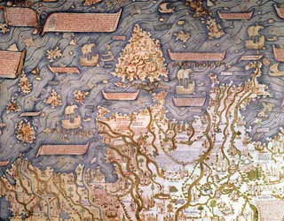 Uitzicht op de archipel van Borneo Detail van de wereldkaart (mappamundi) van broeder Maurus camaldolese 1459 Biblioteca Marciana, Venetië