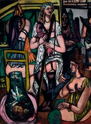 Groot schilderij van vrouwen. Vissersvrouwen