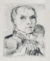 Zelfportret met stift (blad 19 uit „Gezichten“)