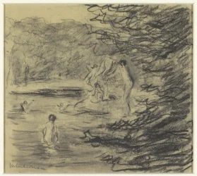 Badende jongens in bosvijver