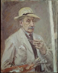Zelfportret met schildersjas en hoed