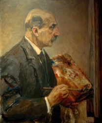 Zelfportret met palet aan de ezel, in profiel