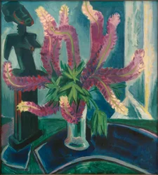 Stilleven met lupines en Afrikaans figuur