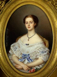 Portret van vrouw met blauwe lint