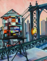 Zonsondergang bij de watertoren van de Manhattan Bridge