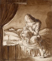 Nacht Scène-Vrouw die haar Kind Voedt, ca. 1900s