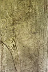 Detail (Stela 9) Ajb’alun Haab’tal Wat’ul K’atel tonend, Terminal Classic Koning van Ceibal, Guatemala, ter herdenking van het einde van de 9e katun in AD. 849