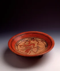 Precolumbiaanse kunst, Maya-beschaving, klassieke periode: driepootvaas in beschilderde klei. Uit Peten, Guatemala
