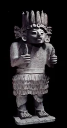 Precolumbiaanse beschaving: Maya-standbeeld dat de god van de dienstmeisjes voorstelt. Parijs, Musée de l’Homme