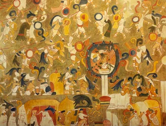 Reconstructie van een Maya-schilderij uit Chichén Itzá (Yucatán, Mexico) met een gevechtsscène. Maya-beschaving.
