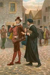 John Welch spreekt Robert Glendinning aan en voorspelt zijn oproep om hem op te volgen in het ministerie (ingekleurde gravure)