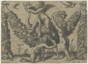 Drie putti met een struisvogel. Wandtapijten van de paus door Rafaël