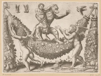 Putti een aap bespottend. Tapisserieën van de paus