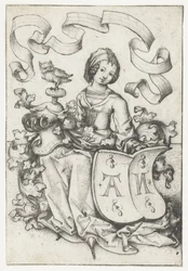 Dame met uil en wapenschild met de letters AN