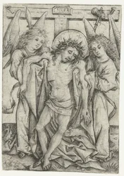 Het lichaam van Christus ondersteund door twee engelen