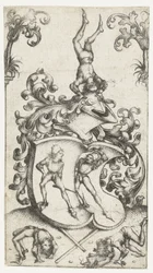 Wapenschild met acrobaten en zwaardvechters