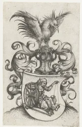 Wapenschild met oude twijnende vrouw