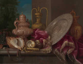 Stilleven met zilver en goud, schelpen en een zwaard, vierde kwart 17e eeuw