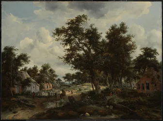 Een bebost landschap met reizigers op een pad door een gehucht