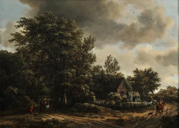 Een bebost landschap met reizigers op een weg bij een huisje