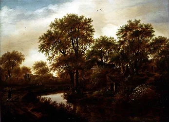 Rivierlandschap met huisjes en boer