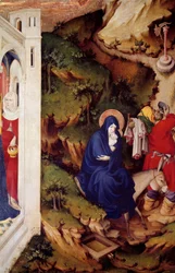 De vlucht naar Egypte (detail) van het rechtergedeelte van het altaarstuk van de Chartreuse van Champmol. Houtsnijwerk door Melchior Broederlam (tussen 1381 en 1409) 1393-1399. Dijon, museum voor Schone Kunsten