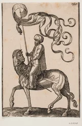 Bereden standaarddrager, profiel naar links; de standaard is 3-vlagig en eronder hangt een veer; zijn zwaard geplaatst tussen zijn linkerbeen en de flank van het paard