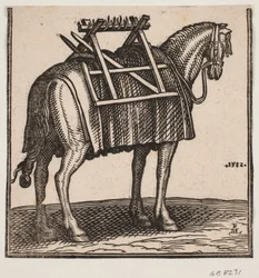 Een nog onbeladen pakpaard met draagrek op de rug, schuin van achteren gezien naar links.