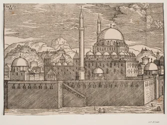 Geïdealiseerd beeld van de Bayazidiye-moskee, gezien vanuit het zuidoosten