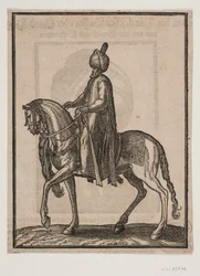 Oudere man te paard, met een knots aan zijn zijde, in profiel naar links; onder de hals van het paard hangt een paarden- of ossenstaart als teken van de waardige status van de man