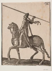 Bereden soldaat, profiel naar links; in zijn hand een lange speer geheven, alsof hij op het punt staat deze te werpen