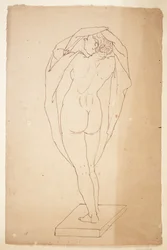 Naakte vrouw van achteren gezien met doek in de armen