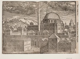 Ongeïdentificeerde moskee met 2 minaretten, gezien vanuit het zuidoosten; links een berg met versterkte stad