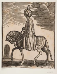 Ongewapende ruiter met tulband, profiel naar links; voor het paard een obelisk in ruïnes