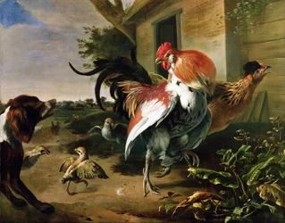 Gevogelte en Spaniel in een Boerenhof