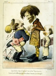 Cartoon over Giuseppe Verdi en Napoleon III na de opera Don Carlos in Parijs in 1867. Karikatuur door Melchiorre Delfico. Privécollectie Milaan