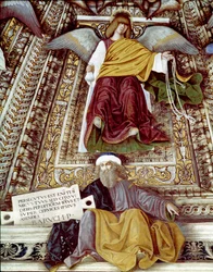 Voorstelling van Baruch (Baruch ben Neria), leerling van Jeremia en een engel. Fresco door Melozzo da Forli (Melozzo degli Ambrosi) (1438-1494) Koepel van de sacristie van Sint Marcus (Marco), heiligdom van de Santa Casa, Loreto