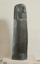 Code van Hammurabi: de god Shamash dicteert zijn wetten aan Hammurabi, koning van Babylon, gevonden in Susa, Iran, ca. 1750 v.Chr.