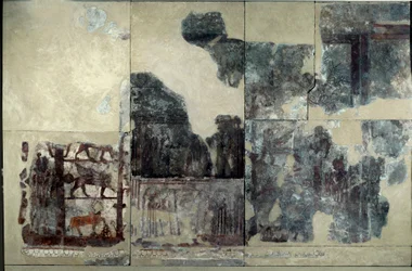 Mesopotamië: paleis van Zimrilim, investituurschildering: voorstelling van een gevleugelde stier, sfinx en griffioen. Losgemaakt fresco uit de regering van Zimri-Lim (Zimri Lim) (ca. 1782-1759 v.Chr.) uit Mari. Parijs, Louvre Museum.