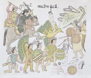 Slag bij Michoacan tussen de Spanjaarden en de Azteken, illustratie uit een facsimile van een Mexicaanse Indiaanse geschiedenistekening Lienzo de Tlaxcala, ca. 1550, 1892