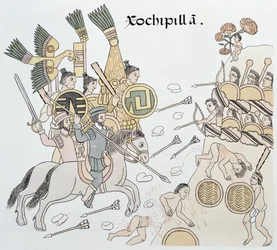 Slag bij Xochipilla tussen de Spanjaarden en de Azteken, illustratie uit een facsimile van een Mexicaanse Indiaanse geschiedenisschildering Lienzo de Tlaxcala, ca. 1550, 1892