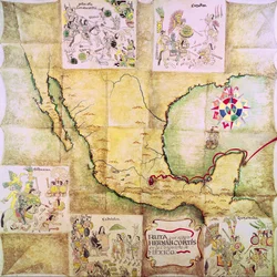 Kaart van de route gevolgd door Hernando Cortes (1485-1547) tijdens de verovering van Mexico